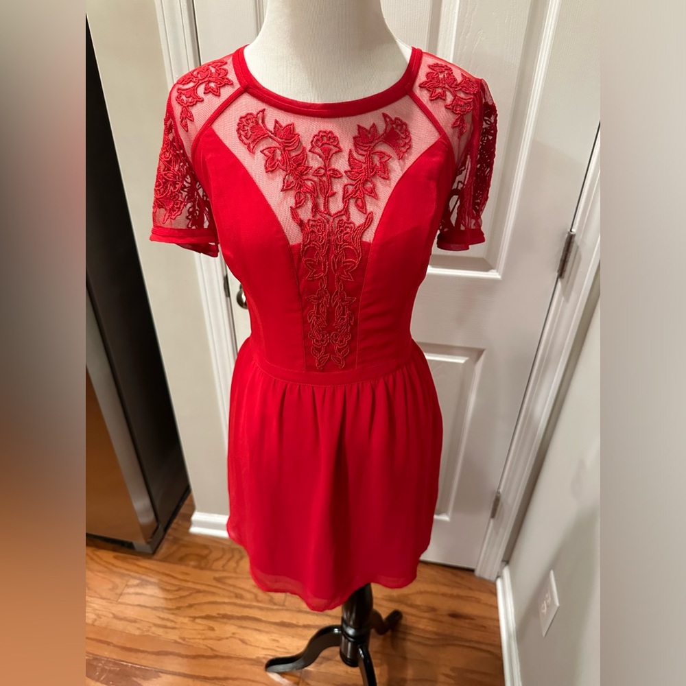 Kimchi Blue Red Mesh Embroidered Mini Dress
